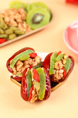 Xinjiang Red Date Fruit Sandwich Stuffed with Walnut and Dried Kiwi - Healthy Traditional Chinese Snack