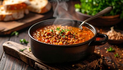 Steaming lentil soup in a dark pot, garnished with parsley, on a rustic wooden surface
