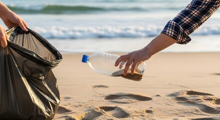Volunteers cleaning a sandy beach by collecting a plastic bottle into a trash bag. Teamwork for environmental protection and pollution awareness.