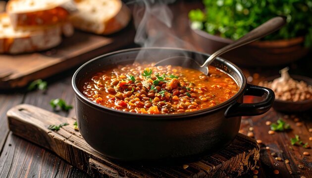 Steaming lentil soup in a dark pot, garnished with parsley, on a rustic wooden surface - Powered by Adobe