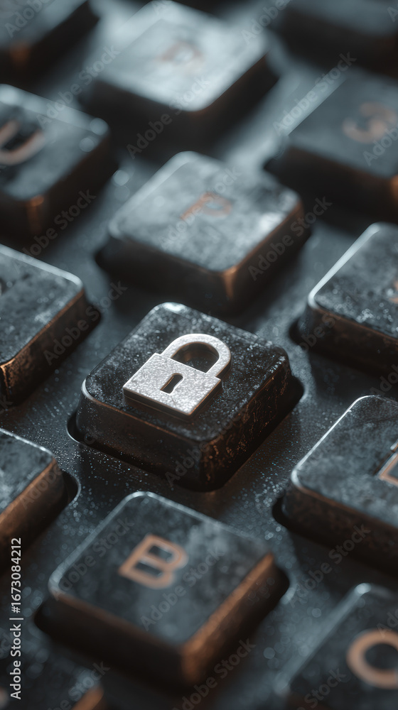 Poster close up of keyboard featuring lock key, symbolizing security and privacy in digital communication. 