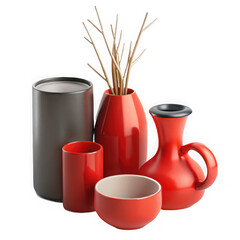 Minimalist still life composition featuring red pottery and dried branches in a modern arrangement