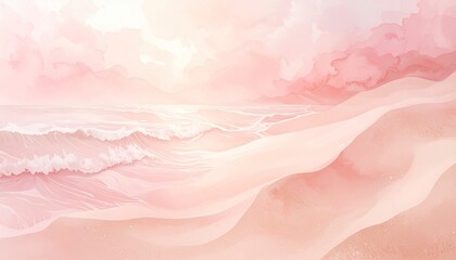 Fototapeta premium Blush-Toned Serenity: A Dreamlike Watercolor Painting of a Pink Ocean and Sand Dunes