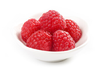 Fresh Red Raspberries in White Bowl on White Background