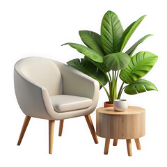Modern minimalist living room corner with armchair side table and lush green plant