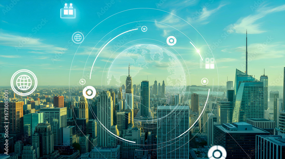 Aufkleber aerial view of a futuristic smart city with a digital interface showing global network connections a