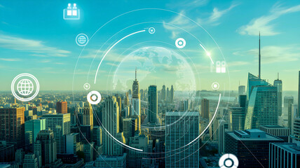 Obraz na płótnie Canvas Aerial view of a futuristic smart city with a digital interface showing global network connections and data communication