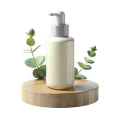Minimalist studio shot of opaque white skincare bottle with eucalyptus leaves and wooden stand