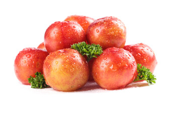 Fresh Red Plums with Water Drops and Parsley on White Background - Guangdong Fruit