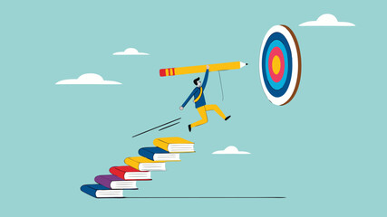 achieving education goals, strategies for achieving success with higher education, courses or skills development, Businesspeople create ladders from books to target educational goals with pencil
