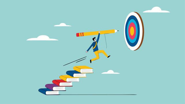 achieving education goals, strategies for achieving success with higher education, courses or skills development, Businesspeople create ladders from books to target educational goals with pencil
