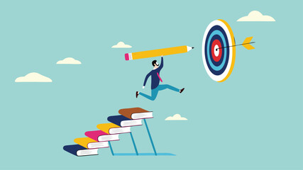 achieving education goals, strategies for achieving success with higher education, courses or skills development, Businesspeople create ladders from books to target educational goals with pencil
