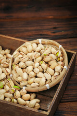 Fresh Pistachios in Wicker Basket on Wooden Tray - Healthy Nuts Snack Food Ingredient