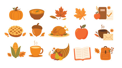 Autumn food and harvest icons with pumpkin turkey pie