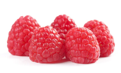 Fresh Red Raspberries on White Background - Healthy Berry Fruit Food Photography