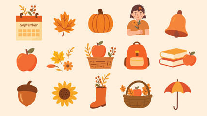 Autumn elements set with pumpkins books sunflower umbrella calendar