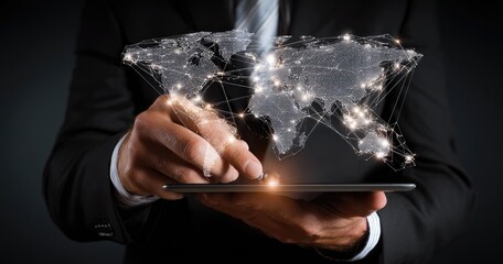 Businessman interacts with a global network graphic on a tablet
