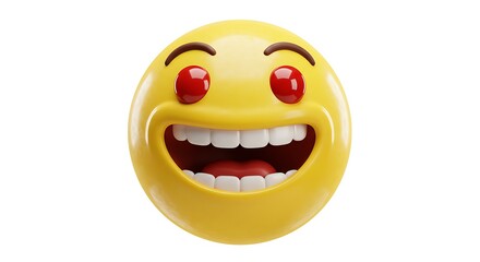 Fototapeta premium A vibrant yellow emoji with wide, excited grin and glowing red eyes, isolated on white.