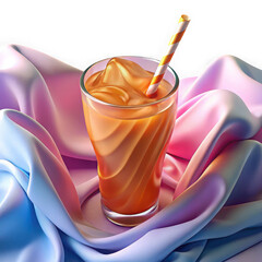 Tall glass filled with refreshing iced tea and colorful straw served on draped fabric