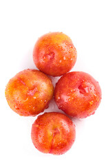 Fresh Red Plums with Water Drops on White Background - Organic Stone Fruit Display