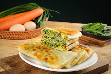 Handmade Leek Pancakes with Fresh Vegetables - Healthy Breakfast Food on Wooden Table