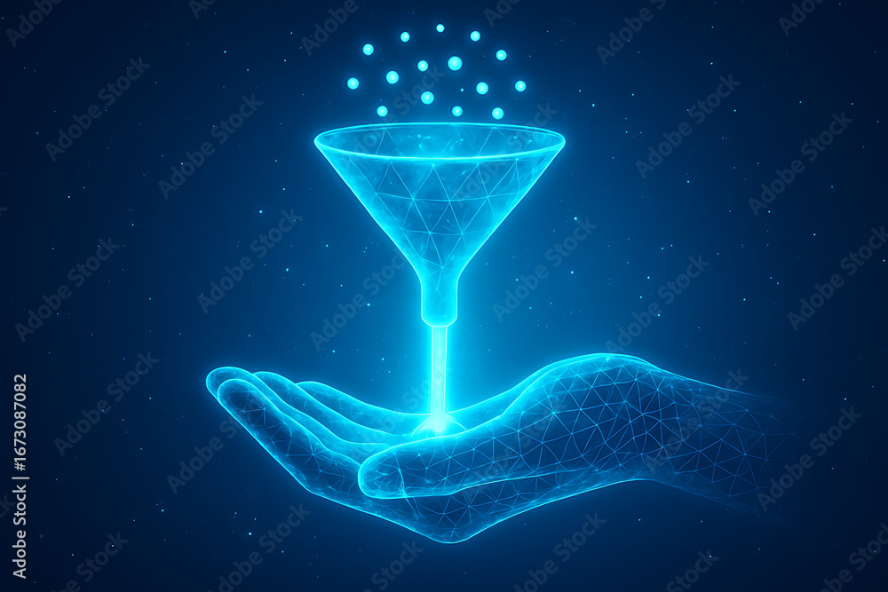 Poster an artificial intelligence hand is holding a glowing polygonal funnel for data filtering on a deep b