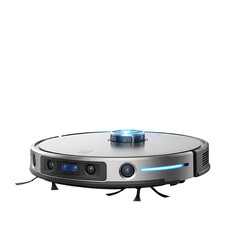 Fototapeta premium Silver Robotic Vacuum Cleaner on Transparent Background with Blue Lights
