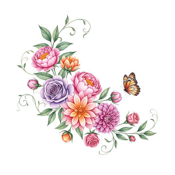 Elegant Floral Arrangement with Pink and Purple Flowers and Butterfly, Watercolor Style Botanical Illustration