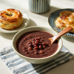 Red Bean Paste Dessert in Ceramic Bowl – Traditional Asian Sweet Food Photography