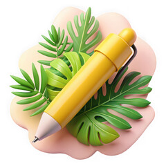 Vibrant yellow mechanical pencil rests diagonally amidst lush greenery and soft pink petals