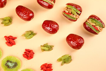 Red Xinjiang Dates with Dried Fruits Walnuts and Raisins Healthy Snack Arrangement