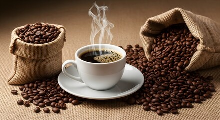 A steaming cup of hot coffee on a saucer, surrounded by roasted coffee beans and burlap sacks. A warm and inviting scene for coffee lovers, cafes, and morning concepts.