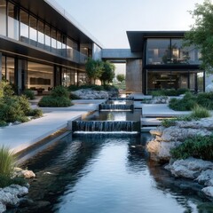 Modern, minimalist courtyard with water features