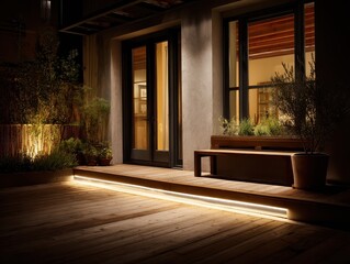 Fototapeta premium A wooden deck with a bench and planters