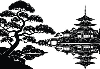 Fototapeta premium Serene japanese zen garden landscape featuring a gnarled pine tree and a multi tiered pagoda reflected in calm water