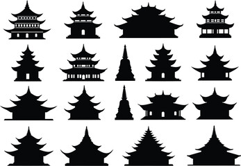 Collection of traditional asian pagoda and temple silhouettes isolated on white background for architectural design