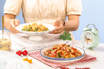 Healthy Cereal Dishes Showcase with Fresh Vegetables Peas Nuts Refreshing Meal Presentation