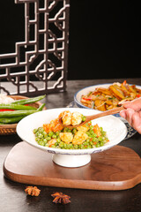 Shrimp and Peas Stir-Fry with Rice in Traditional Asian Setting