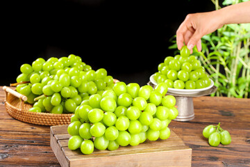 Fresh Green Seedless Grapes on Rustic Wood Table with Hand Picking Fruit in Natural Light
