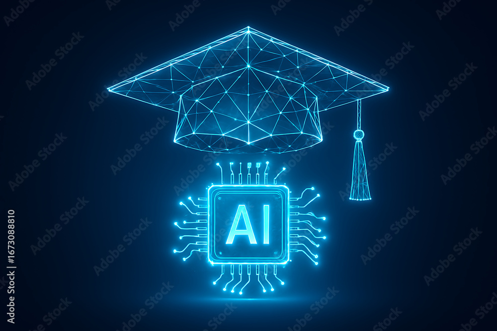 Poster a digital graduation cap with an artificial intelligence circuit board chip and blue glowing ai lett