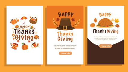 Vertical thanksgiving banners with festive typography and autumn icons