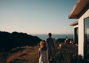 Family holiday at a beautiful location, architecturally design home, dark photo, underexposed, dramatic and beautiful, New Zealand, Australia, morning light, hazy views, healthy holidays, special mome
