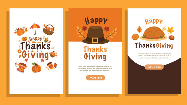 Vertical thanksgiving banners with festive typography and autumn icons