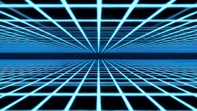 Blue digital technology background with futuristic 3D perspective lines and abstract binary code