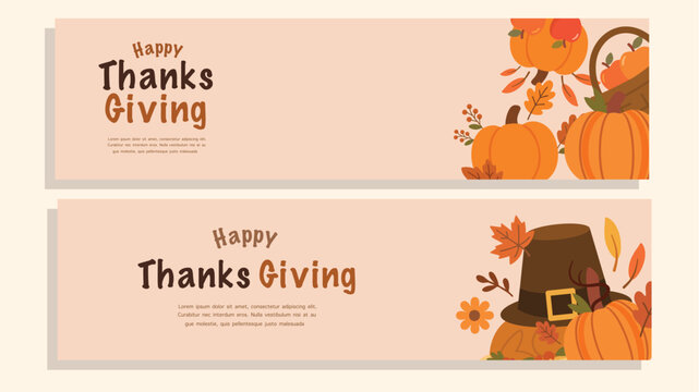 Thanksgiving web banners with pumpkins turkey hat and autumn design