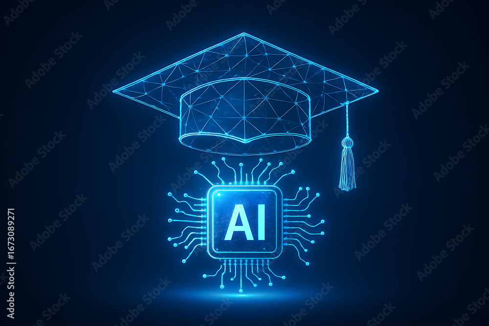 Poster a digital graduation cap with an artificial intelligence circuit board chip and blue glowing ai lett