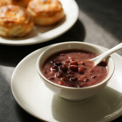Red Bean Paste Dessert in Ceramic Bowl – Traditional Asian Sweet Food Photography