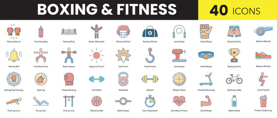 Boxing & Fitness Color Icon Set – Sports, Training, Gym & Workout Illustrations