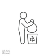 People and rubbish bin icon. Simple outline style. Person holding a sack of trash, cleanup, garbage, ecology, environment concept. Thin line symbol. Vector isolated design. Editable stroke