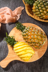 Fresh Xuwen Pineapple Slices Showcase - Sweet Crispy Tropical Fruit Flesh on Wooden Board
